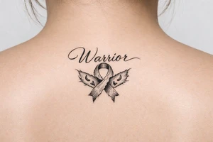Warrior in cursive with sikkle cells ribbon torn tattoo idea