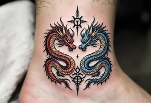 A mirrored twin dragon design, one fiery red and gold, the other icy blue and silver, intertwined in a circular dance and with Gemini glyph tattoo idea