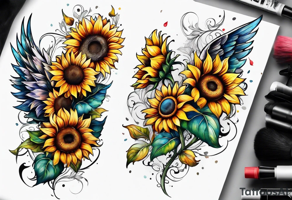 Sunflowers and angel wings leg sleeve tattoo idea