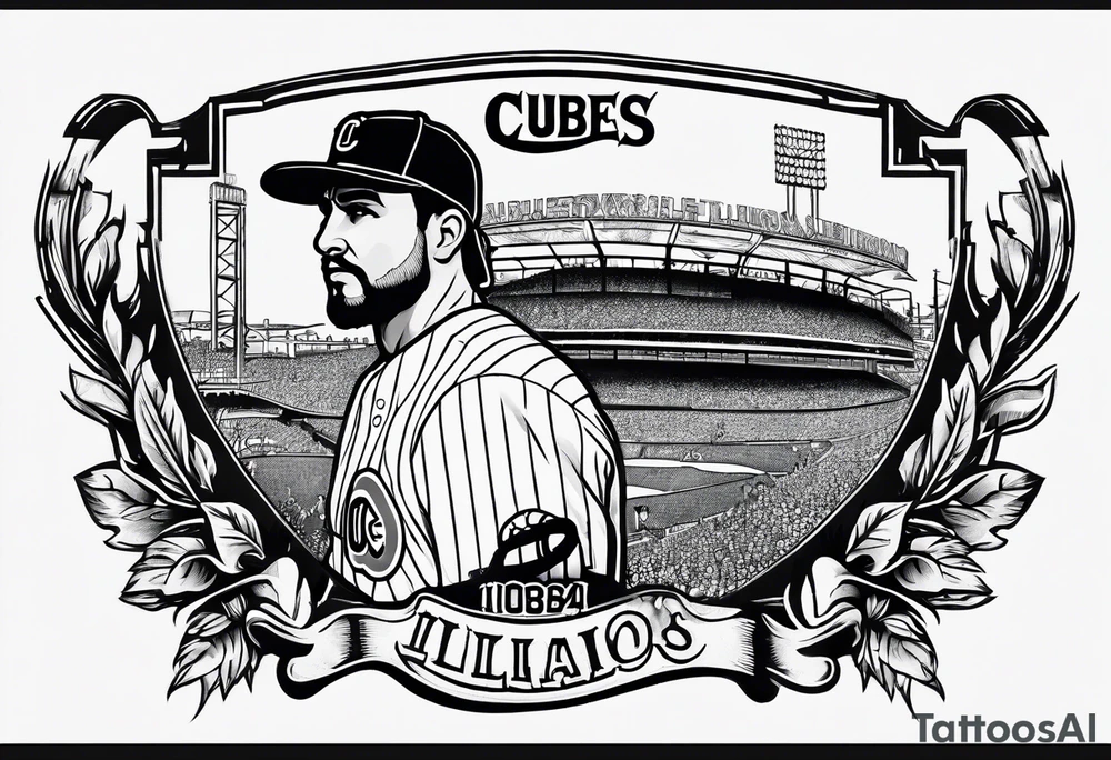 Bicep and shoulder tattoo with theme around the state of Illinois, cubs baseball, and bourbon tattoo idea