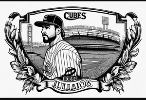 Bicep and shoulder tattoo with theme around the state of Illinois, cubs baseball, and bourbon tattoo idea