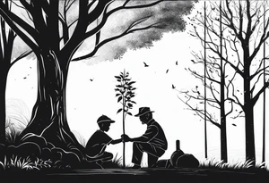 Old man planting a tree. Alongside a young boy playing under a full grown tree. they are not together tattoo idea