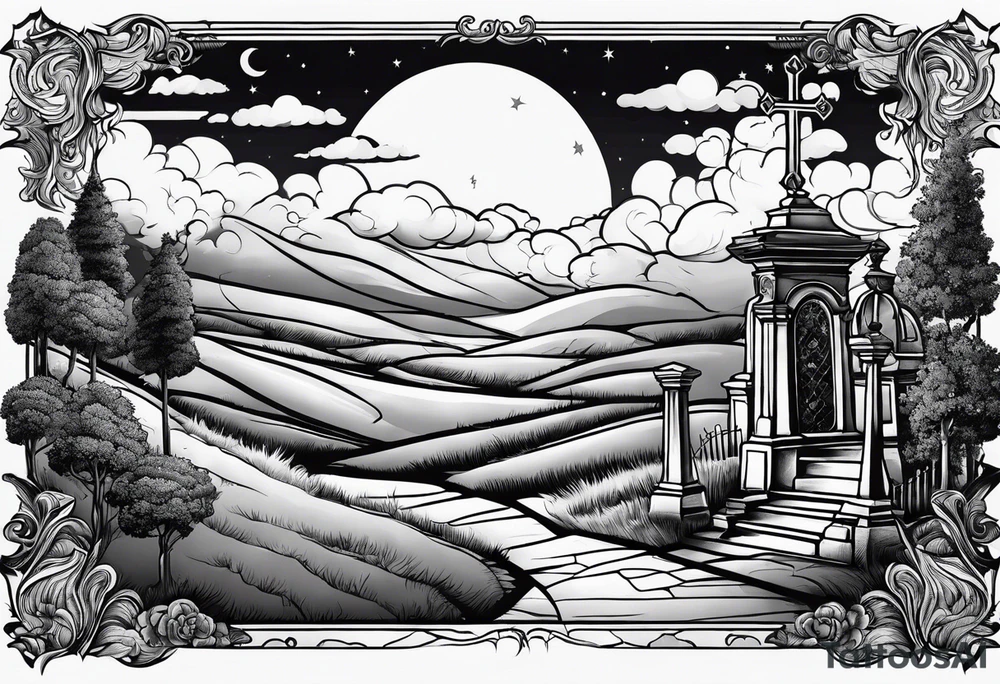 Cemetery on hills with clouds and moon tattoo idea