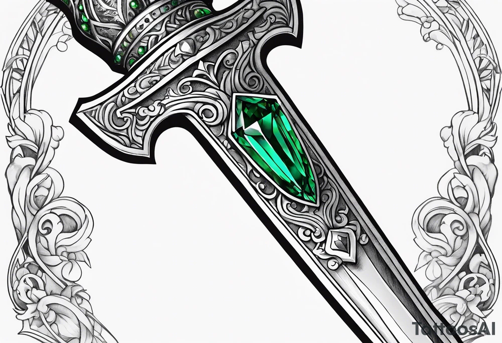 An athame dagger with the hilt turned upward and emerald gemstones on the hilt tattoo idea