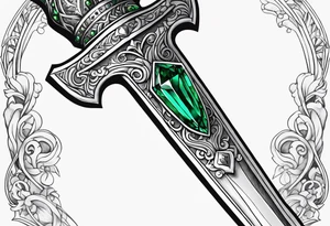 An athame dagger with the hilt turned upward and emerald gemstones on the hilt tattoo idea