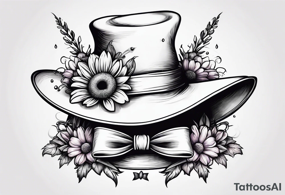 A witch hat tattoo with two ribbons coming down to form a loose bow and daisies and lavender adorning the brim tattoo idea