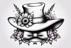 A witch hat tattoo with two ribbons coming down to form a loose bow and daisies and lavender adorning the brim tattoo idea