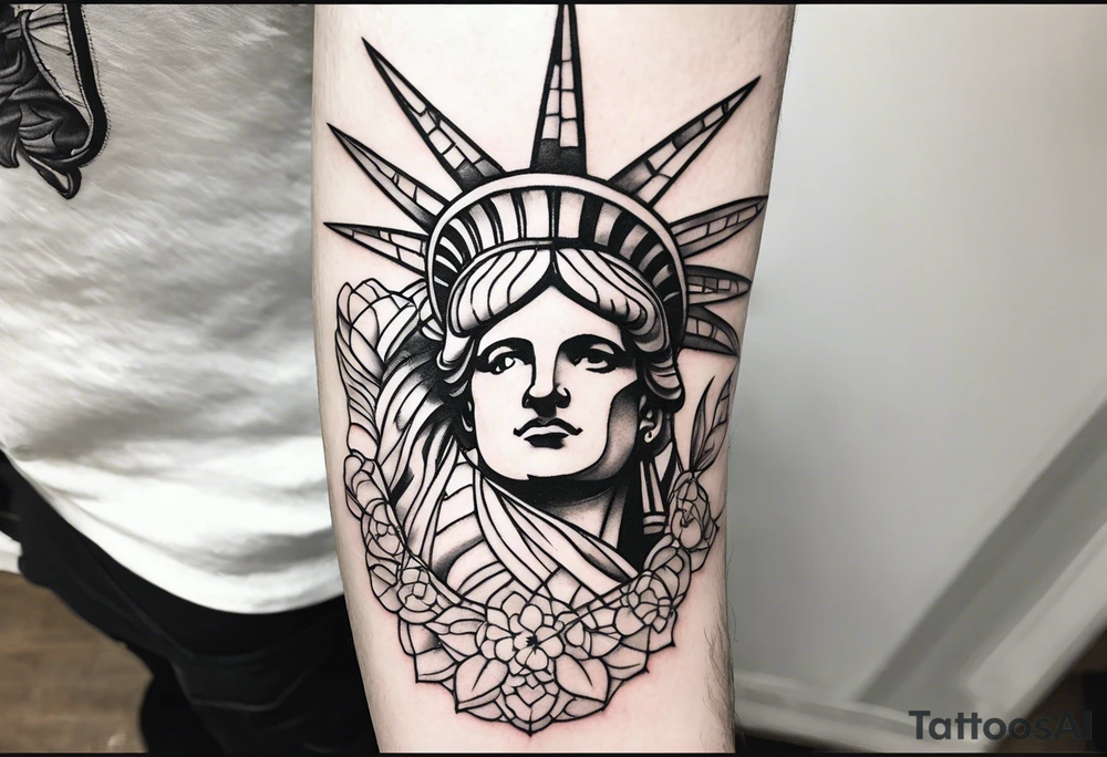 Left sleeve tattoo for a man who was in the Coast Guard on September 11, 2001 Statue of Liberty Milton Hershey school, Pennsylvania, two daughters tattoo idea