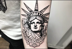 Left sleeve tattoo for a man who was in the Coast Guard on September 11, 2001 Statue of Liberty Milton Hershey school, Pennsylvania, two daughters tattoo idea