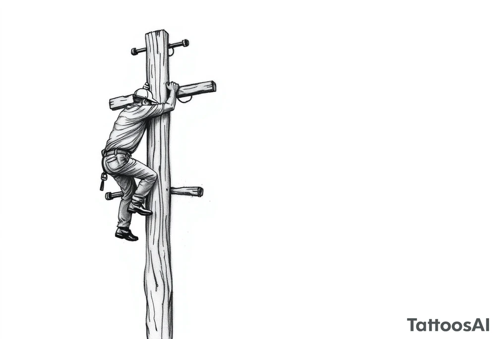 power lineman climbing a wooden 12kv pole. Make the pole a cross that has a hidden resemblance to god. tattoo idea