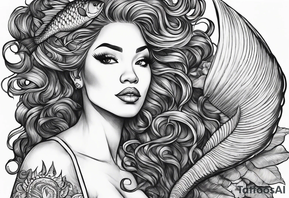 A Black mermaid with dread lock hairs going up in the air, with a shell bra and a nice long fish tail tattoo idea
