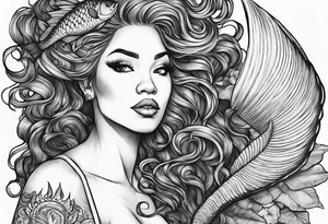 A Black mermaid with dread lock hairs going up in the air, with a shell bra and a nice long fish tail tattoo idea