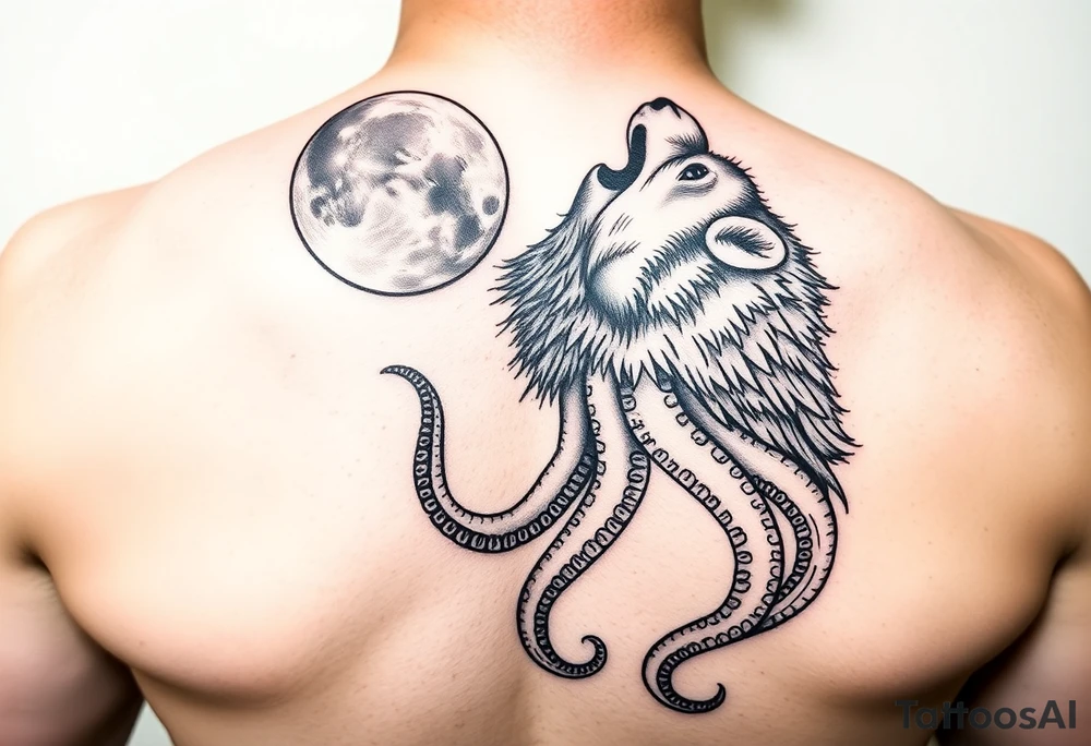 An powerful and surreal wolf octopus howling at the moon tattoo idea