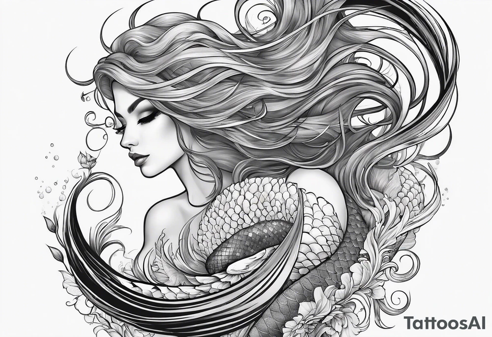 sexy full bodied mermaid with long 
flowing tail and hair, tattoo sleeve tattoo idea