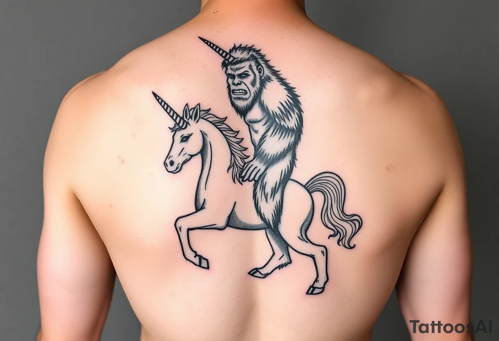 Bigfoot wearing a unicorn tube full leg piece 
Funny tattoo idea
