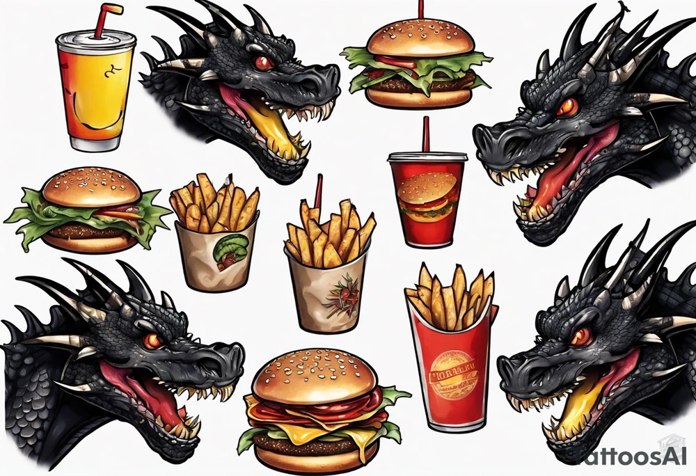 full body happy black dragon eating a cheeseburger tattoo idea