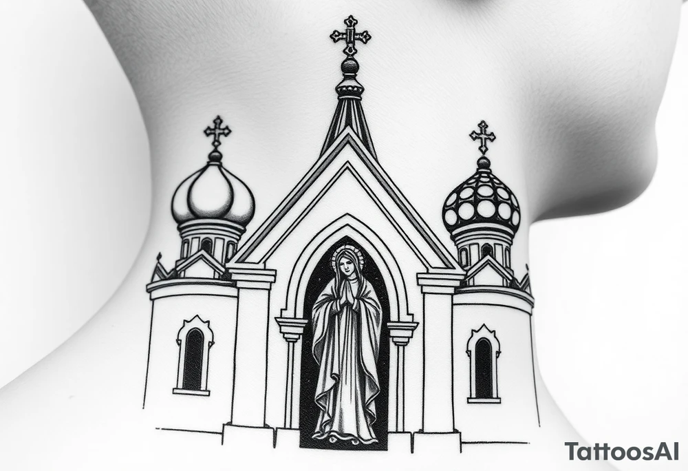 Flowing Scene

A onion domes orthodox church
Virgin Mary in prayer pose on the front doors of the russian orthodox church 
A small double headed russian coat of arms eagle or just the star tucked above the dome near the hairline tattoo idea