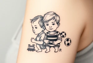 two small boys with their mother behind them a small train toy and a small football toy. tattoo idea