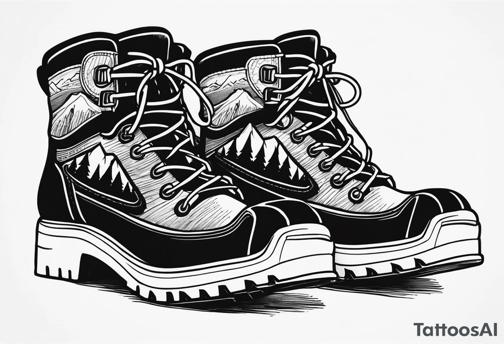 Hiking boots with mountains tattoo idea