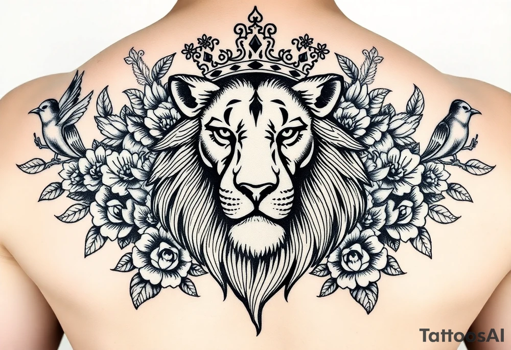 powerful majestic lion with a crown, surrounded by floral ornaments and birds tattoo idea