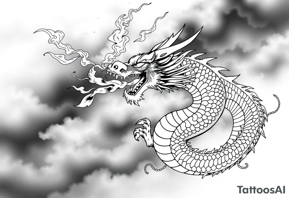 fierce dragon breathing iridescent fire against stormy skies tattoo idea