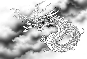 fierce dragon breathing iridescent fire against stormy skies tattoo idea
