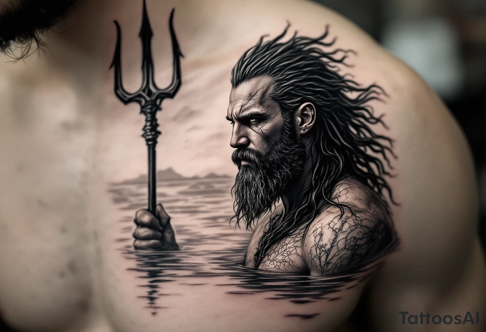 fit poseidon, with trident, in calm water, looking at the horizon tattoo idea
