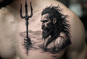fit poseidon, with trident, in calm water, looking at the horizon tattoo idea