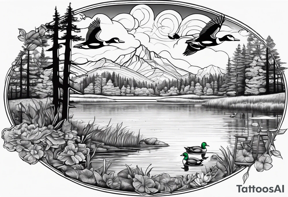 Wooded area with lake, mallards flying, and a model t tattoo idea