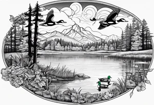 Wooded area with lake, mallards flying, and a model t tattoo idea