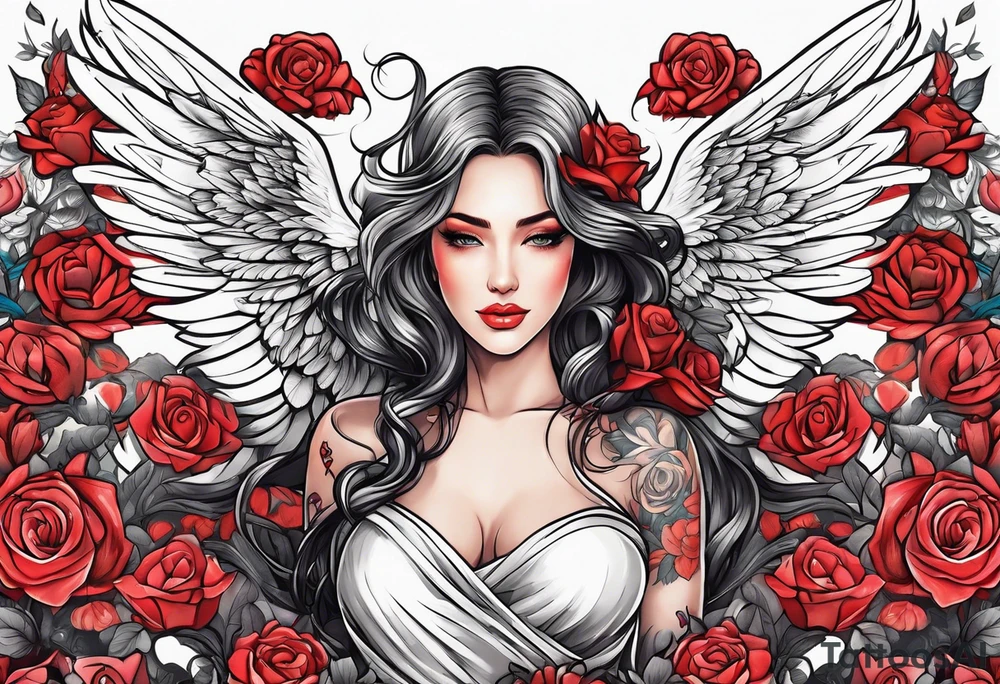 Beautiful woman angle with wings standing from head to toe imagine surrounded by roses tattoo idea