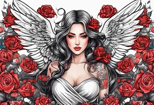 Beautiful woman angle with wings standing from head to toe imagine surrounded by roses tattoo idea