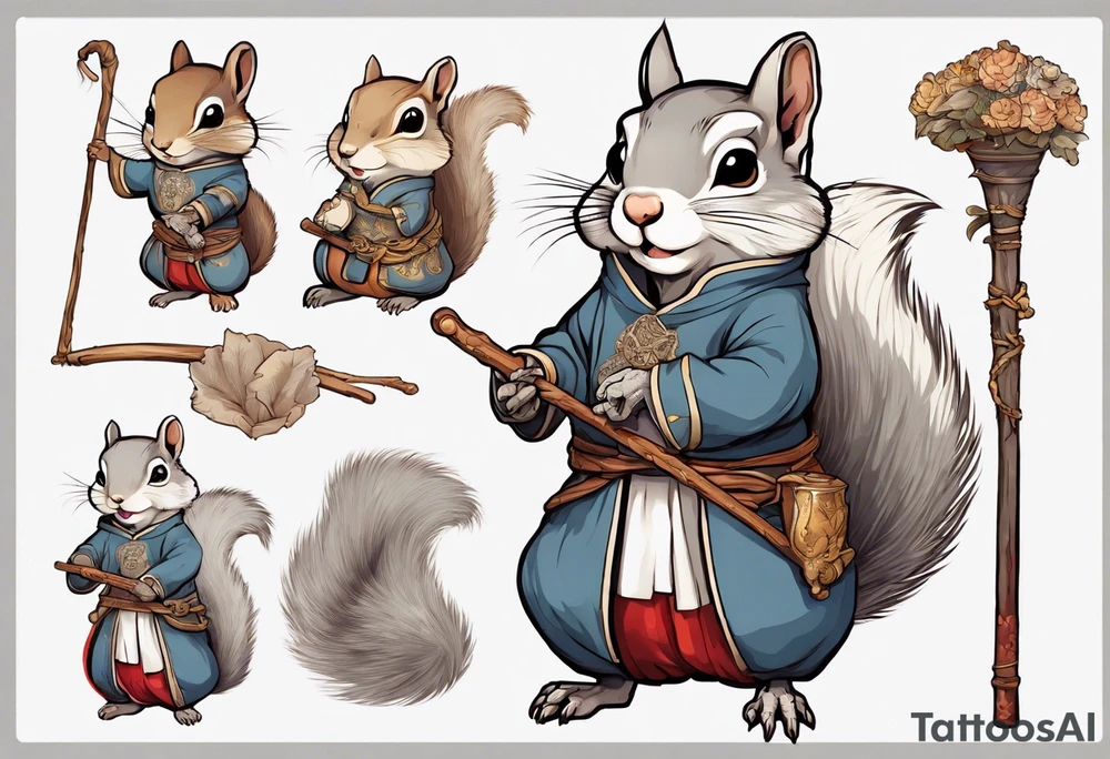a grey squirrel dressed in a medieval tunic holding a large white stick tattoo idea