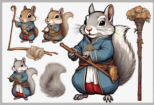 a grey squirrel dressed in a medieval tunic holding a large white stick tattoo idea