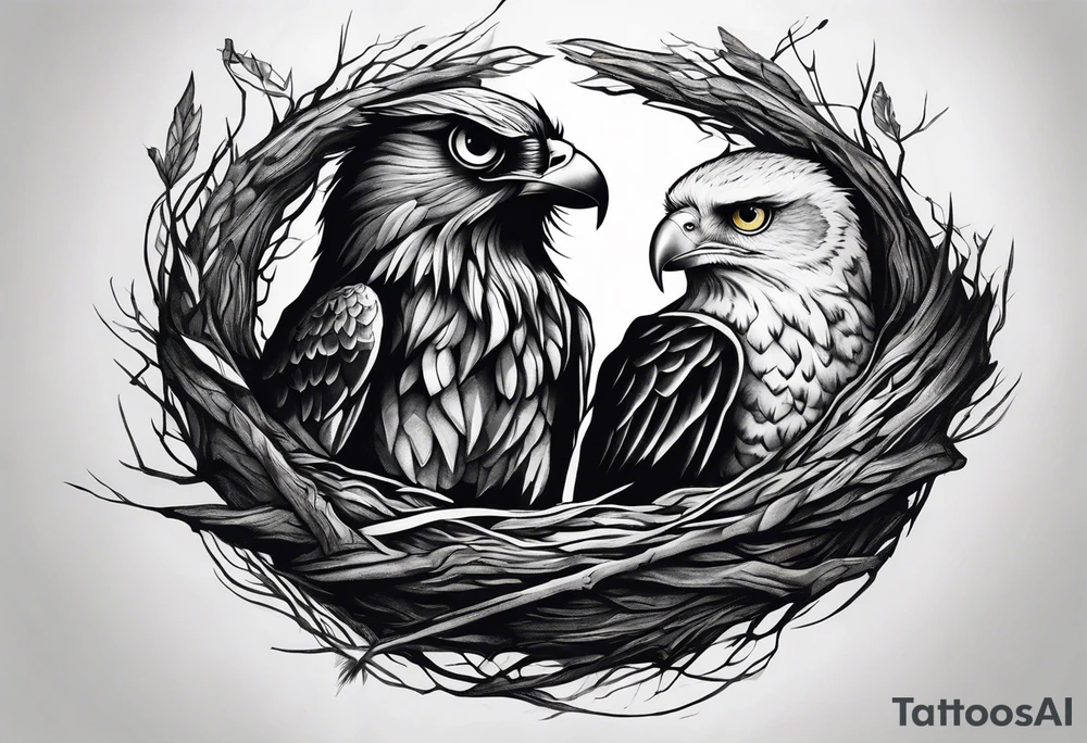 Owl, raven, eagle cuddled in a nest, looking down into the nest tattoo idea