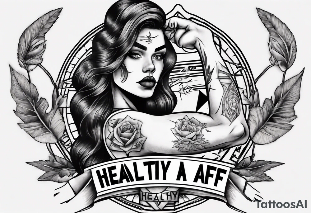 Strong tattooed woman with the words healthy AF in a banner tattoo idea