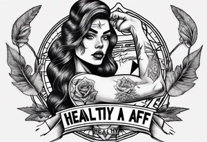 Strong tattooed woman with the words healthy AF in a banner tattoo idea