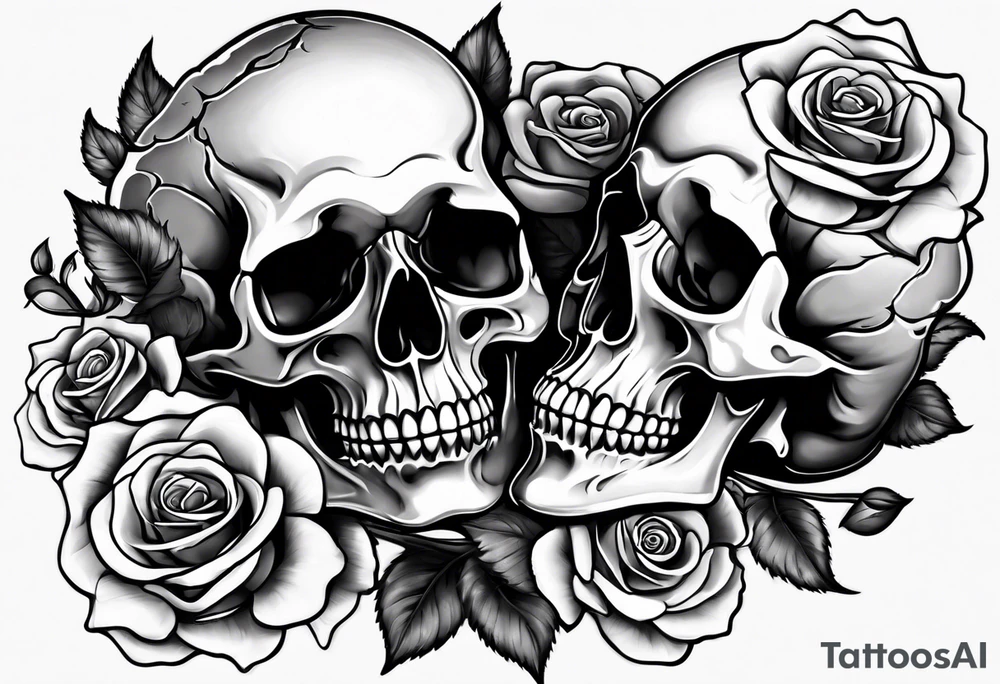 I want three skulls stepped on top of each other melting into each other with the background being roses tattoo idea