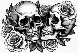 I want three skulls stepped on top of each other melting into each other with the background being roses tattoo idea