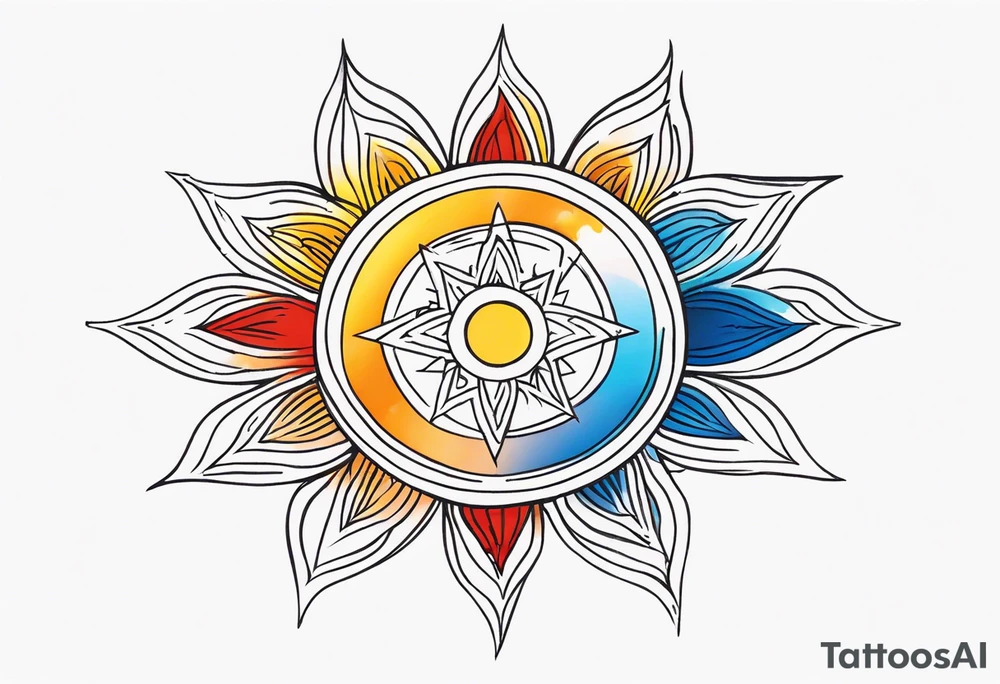 sunburst with yellow, orange, red, and blue colors tattoo idea