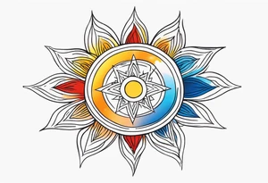 sunburst with yellow, orange, red, and blue colors tattoo idea