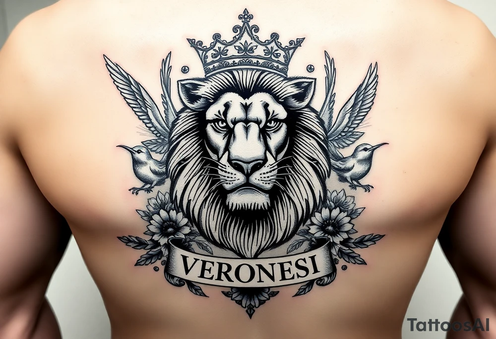 powerful majestic lion with a crown, surrounded by floral ornaments and birds add a name "VERONESI" tattoo idea