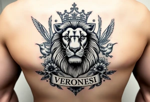 powerful majestic lion with a crown, surrounded by floral ornaments and birds add a name "VERONESI" tattoo idea