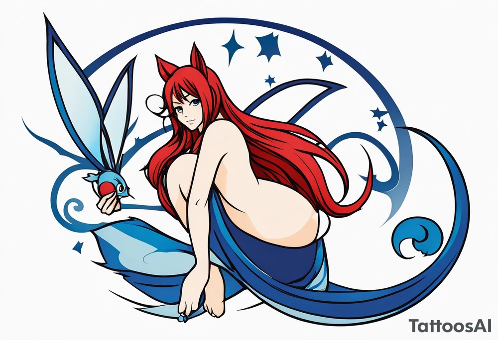 A fairy with a tail inspired by the logo of the show called Fairy Tail in a fetal position leaning in tattoo idea