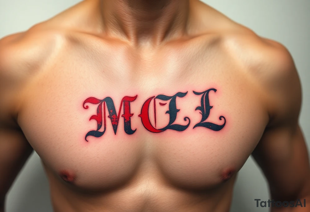 realistic tattoo design of "MCL" on upper left  side of chest, shaded to look as if tattoo was carved into the skin, red and black tattoo idea