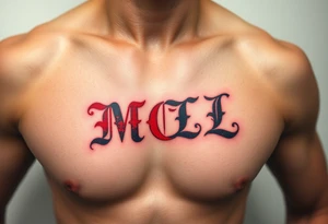 realistic tattoo design of "MCL" on upper left  side of chest, shaded to look as if tattoo was carved into the skin, red and black tattoo idea
