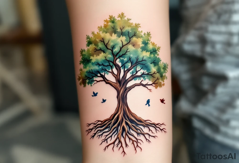 Watercolor Family Tree with Roots and Birds – A wide oak tree with sprawling roots, soft watercolor shades of green, brown, and blue, and small birds flying from the branches, each representing a family member. tattoo idea