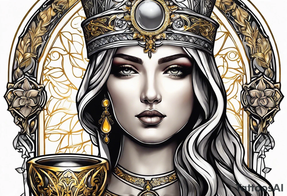 woman saint holding chalice surrounded by golden halo tattoo idea
