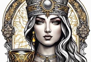 woman saint holding chalice surrounded by golden halo tattoo idea