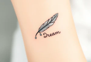 A delicate silver and white feather with tiny falling petals, with the word "Dream", representing a love that feels ethereal and magical. tattoo idea